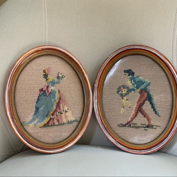 Other - Vintage VICTORIAN COUPLE Framed Needlepoint Set